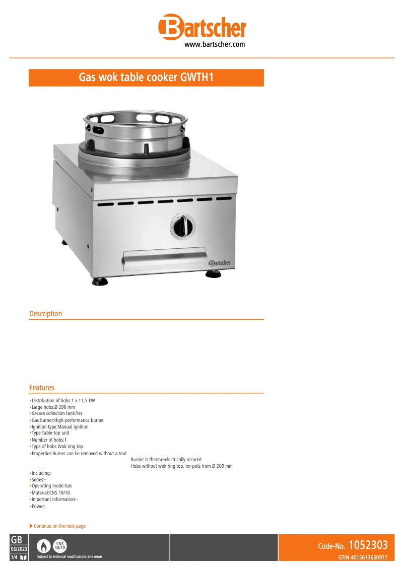 Page n°1 - Fiche technique Bartscher GWTH1