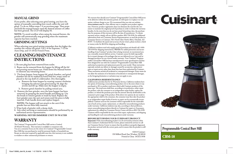 Page n°1 - Manuel utilisateur Cuisinart CBM-18N