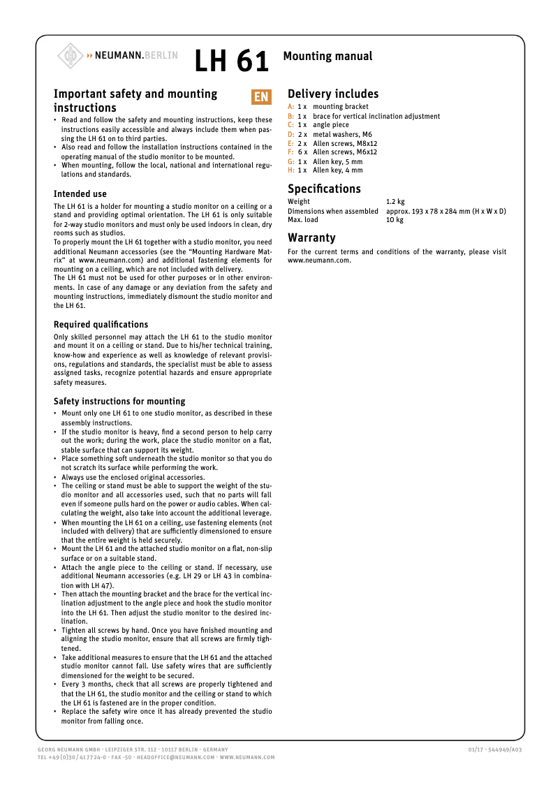 Page n°1 - Manuel utilisateur Neumann LH 61