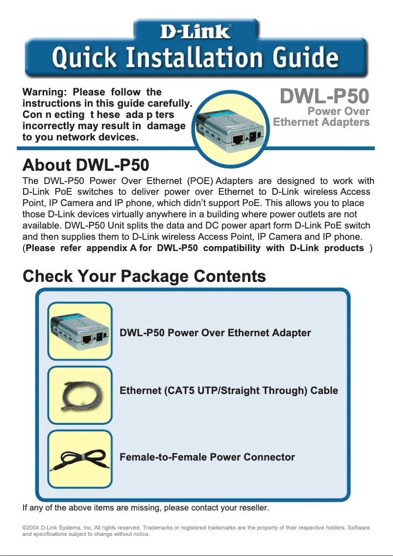 Page n°1 - Guide d'installation D-Link DWL-P50
