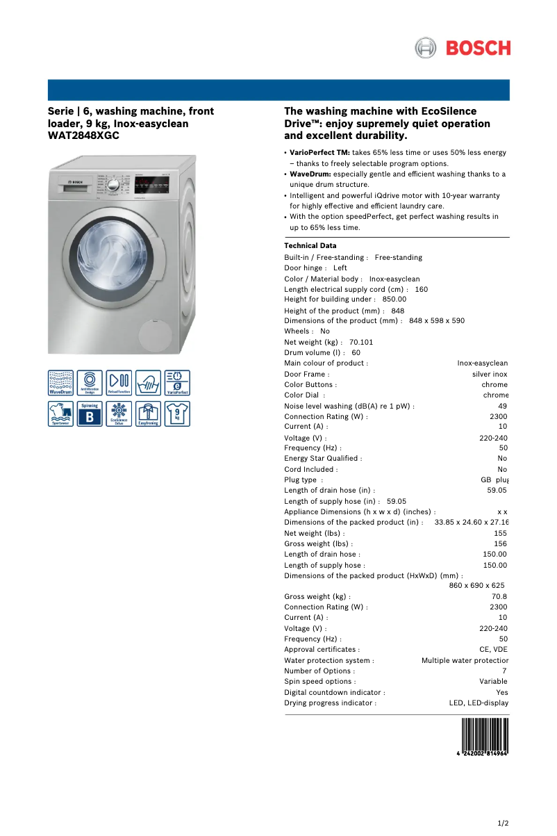 Página 1 del manual Ficha técnica Bosch WAT2848XGC