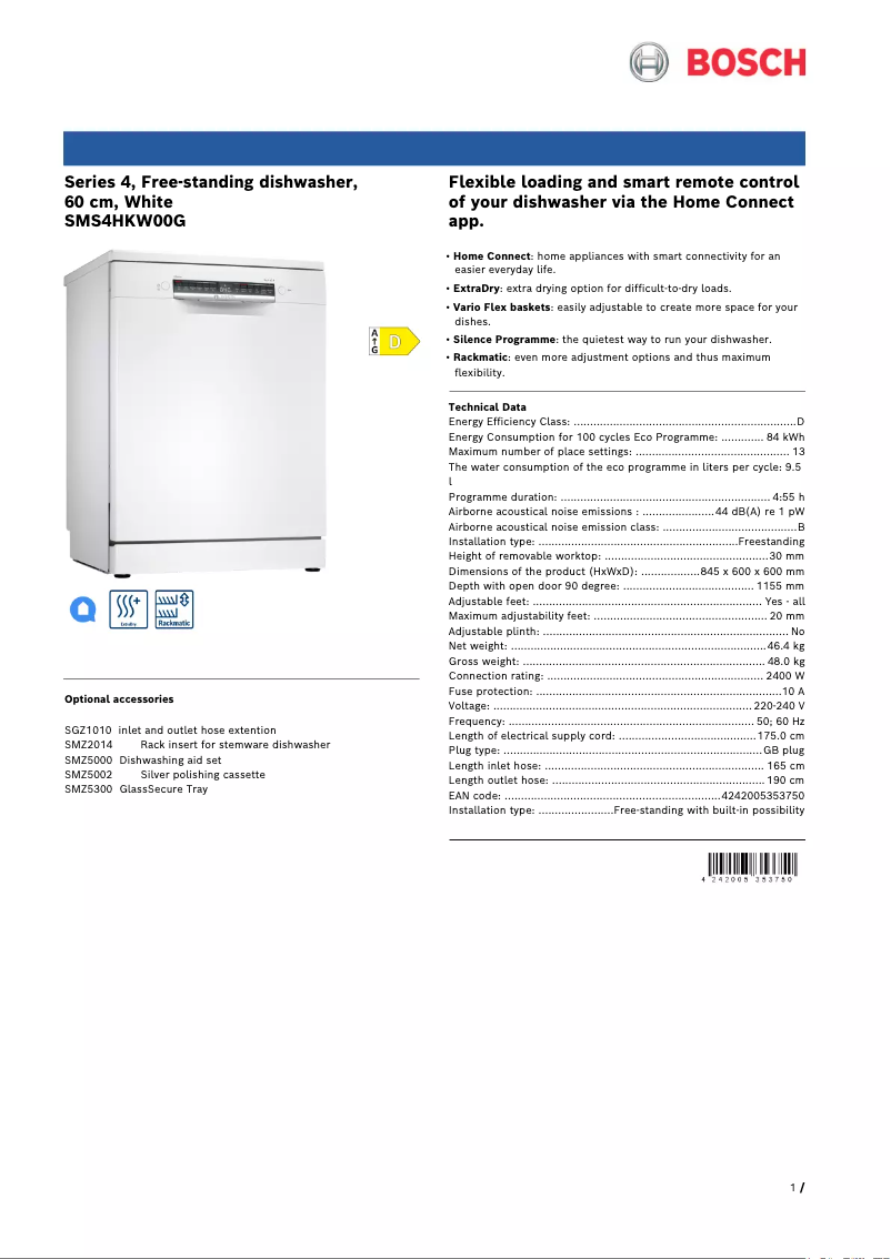 Página 1 del manual Ficha técnica Bosch SMS4HKW00G