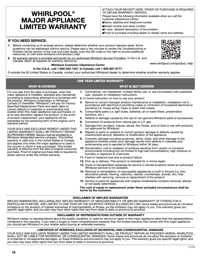 Page 1 de la notice Mode d'emploi Whirlpool WRT518SZF
