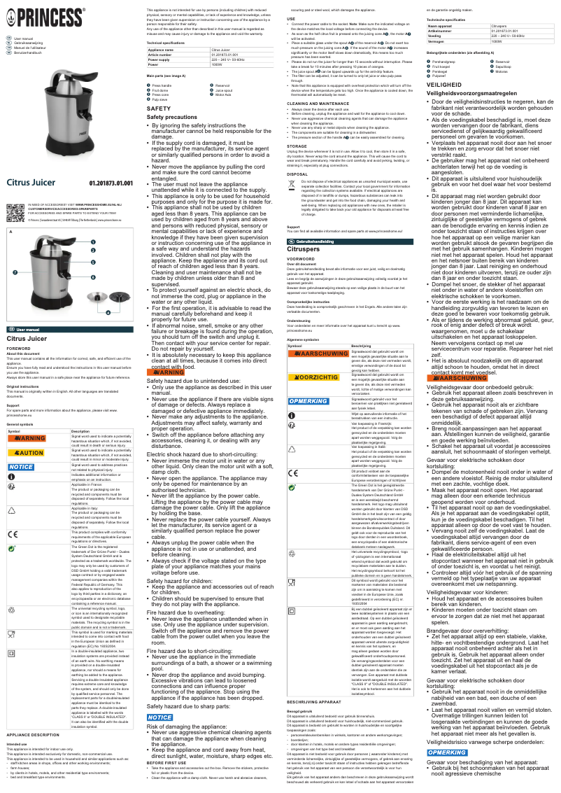 Page 1 de la notice Manuel utilisateur Princess Citrus Juicer 201873