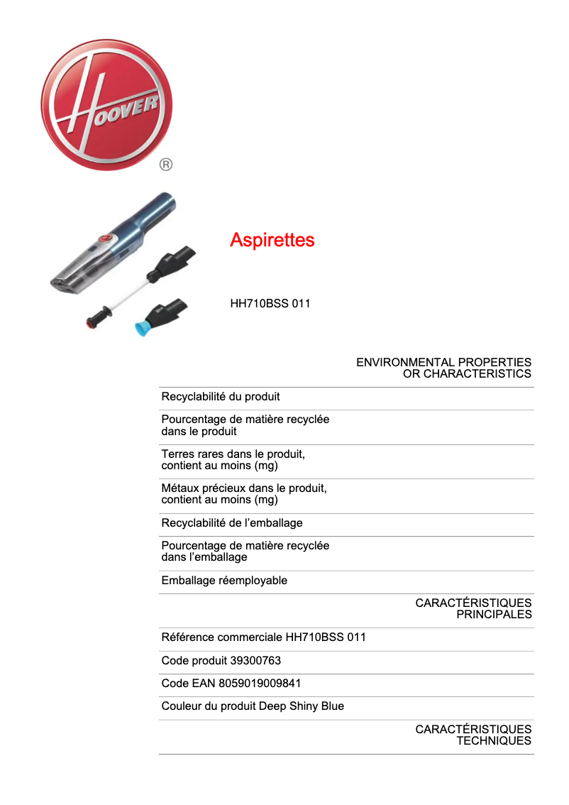 Page n°1 - Fiche technique Hoover H-HANDY 700 HH710BSS 011