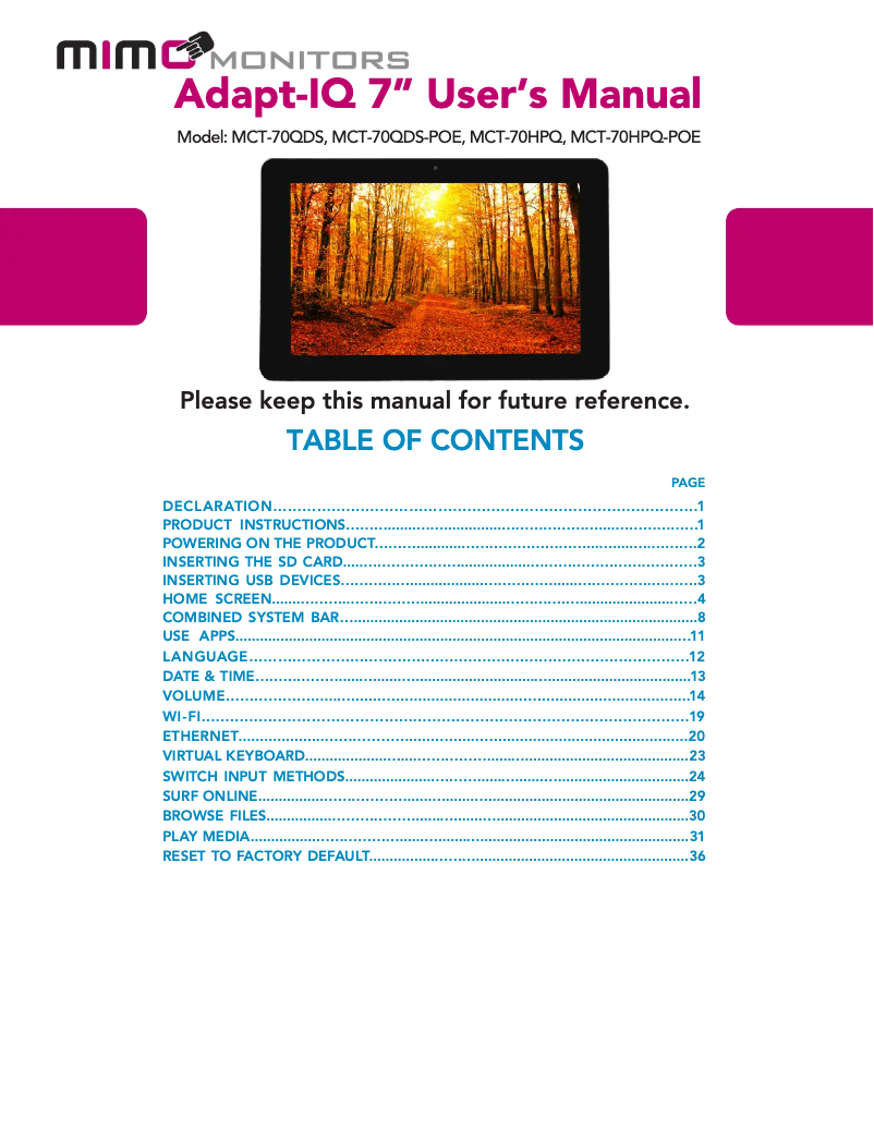 Página 1 del manual Manual de usuario Mimo Monitors Adapt-IQ MCT-70HPQ-POE