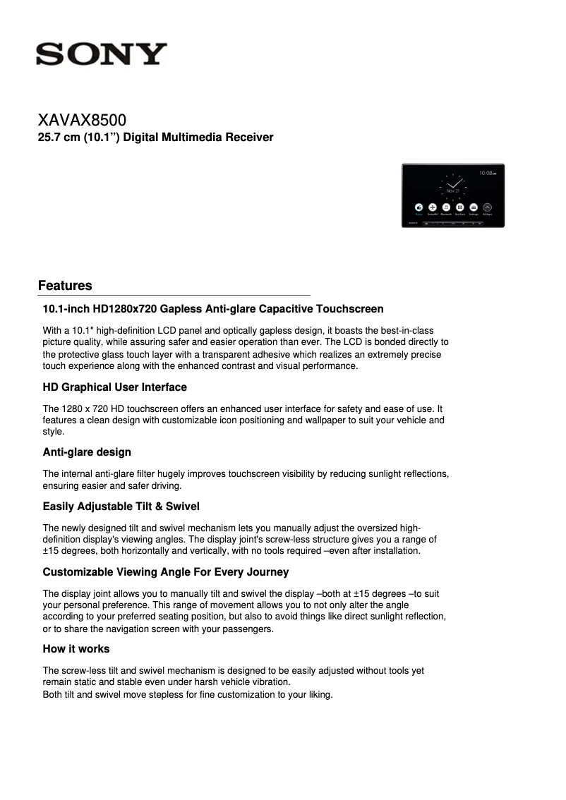 Page 1 de la notice Fiche technique Sony XAV-AX8500