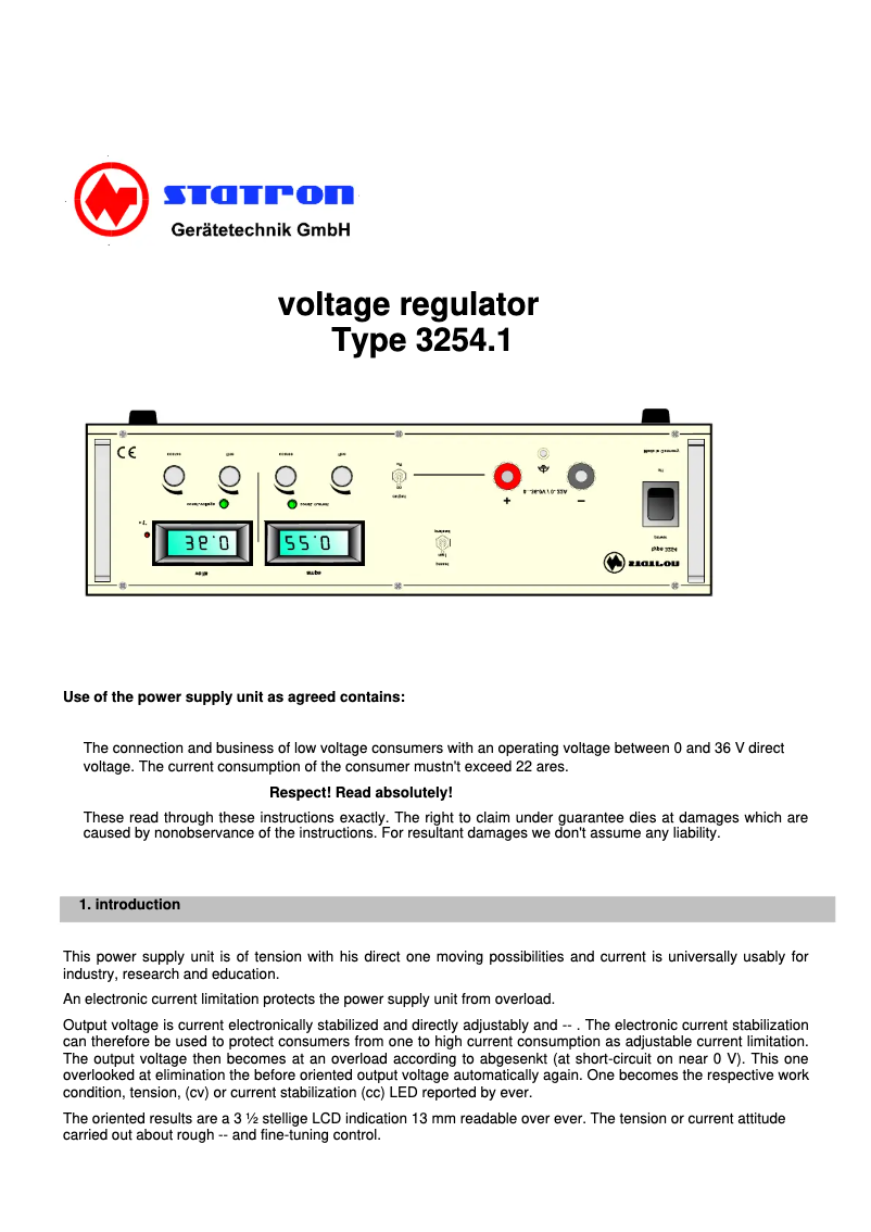 Page n°1 - Manuel utilisateur Statron 3254.1