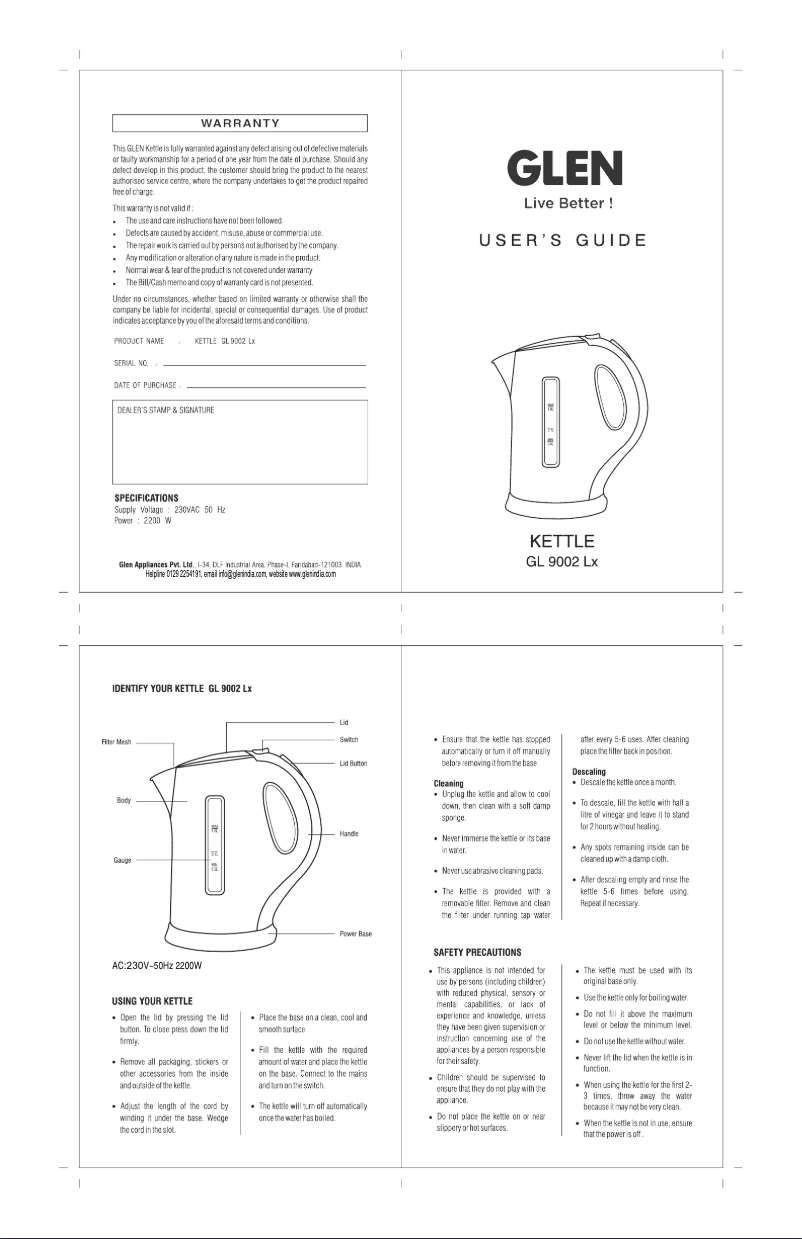 Page 1 de la notice Manuel utilisateur Glen GL 9002 LX