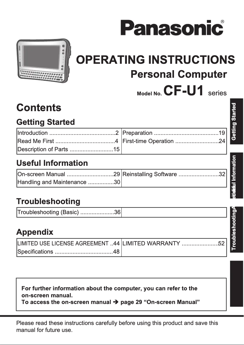 Page 1 de la notice Manuel utilisateur Panasonic Toughbook CF-U1 Ultra