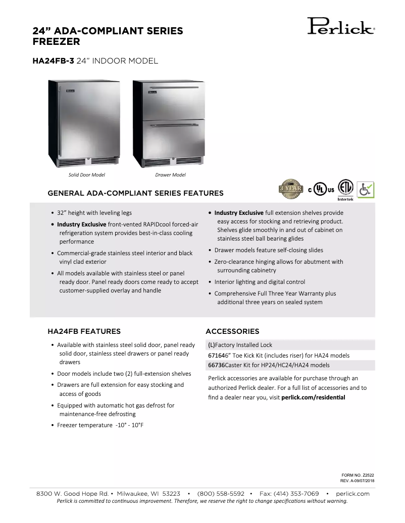 Página 1 del manual Ficha técnica Perlick HA24FB-3-1L