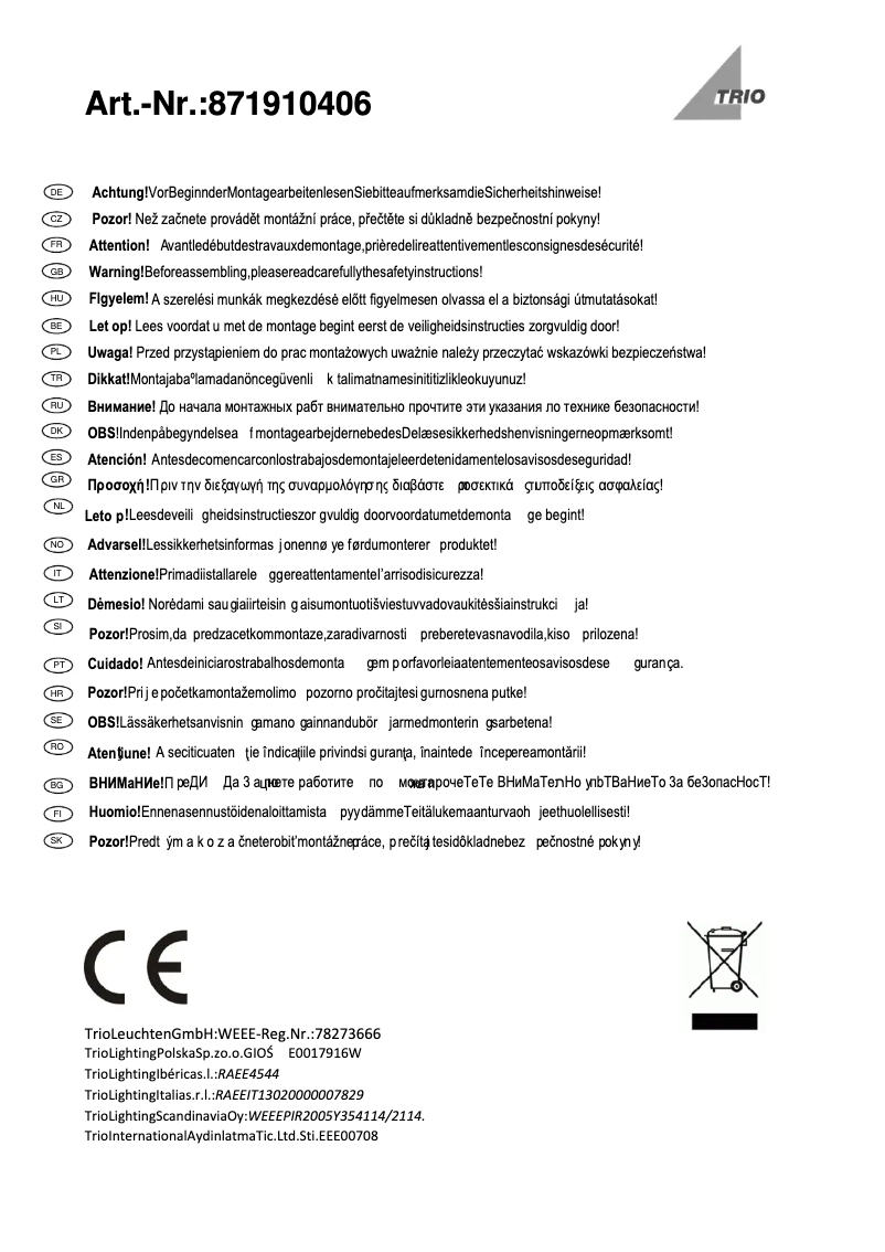 Page 1 de la notice Manuel utilisateur Trio Lighting Paradox 871910406