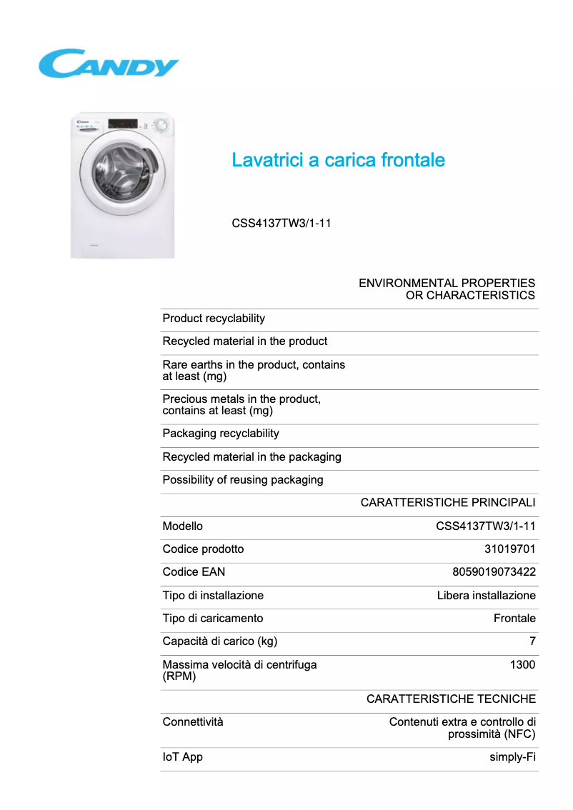 Page n°1 - Fiche technique Candy CSS4137TW3/1-11