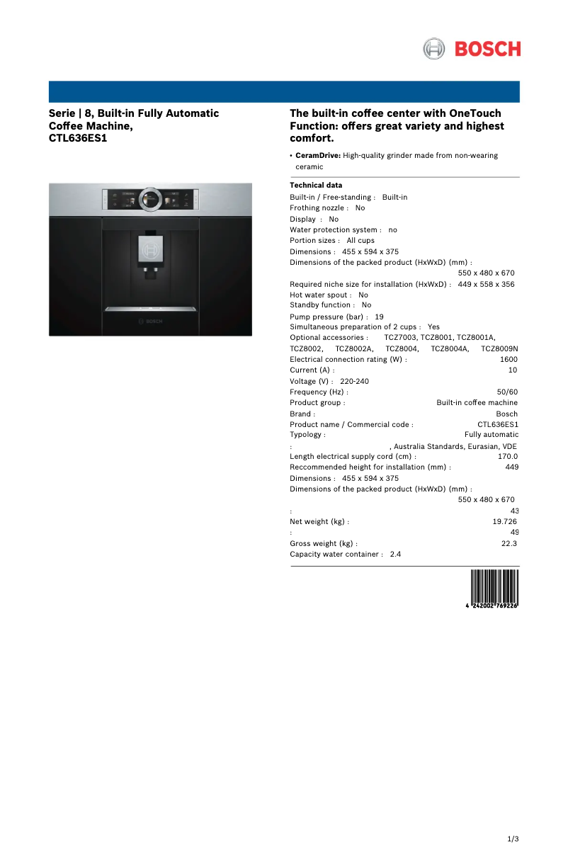 Page 1 of the manual Technical Sheet Bosch CTL636ES1