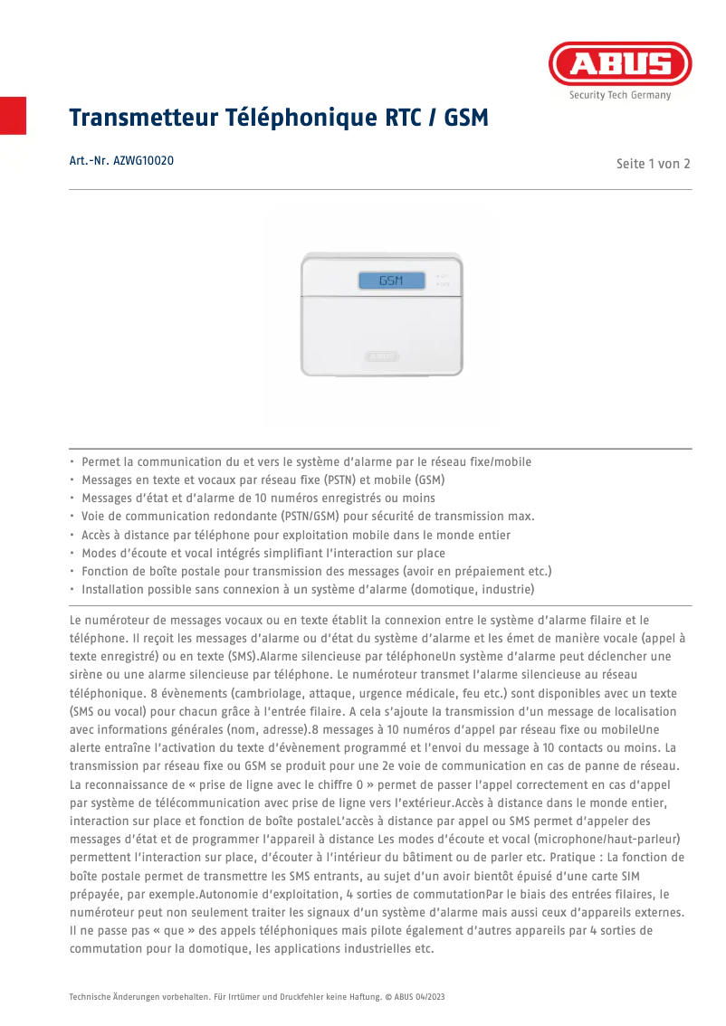 Image de la première page du manuel de l'appareil AZWG10020