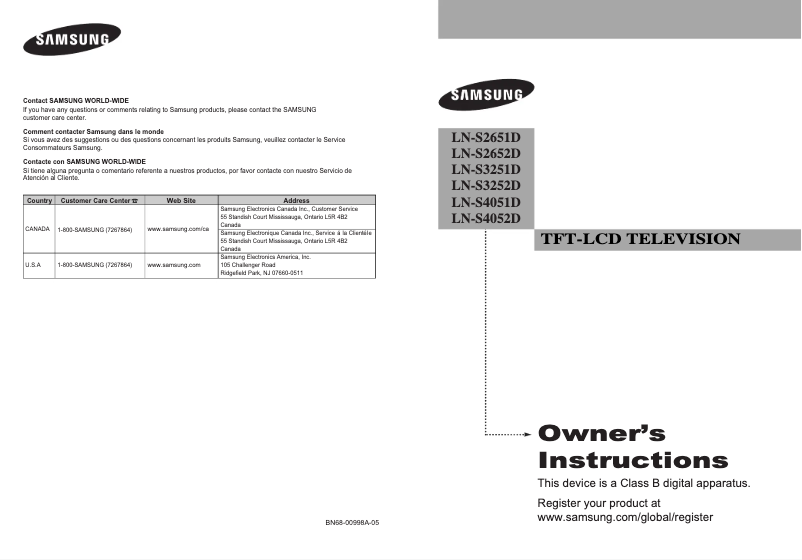 Page 1 de la notice Manuel utilisateur Samsung LN-S2651D