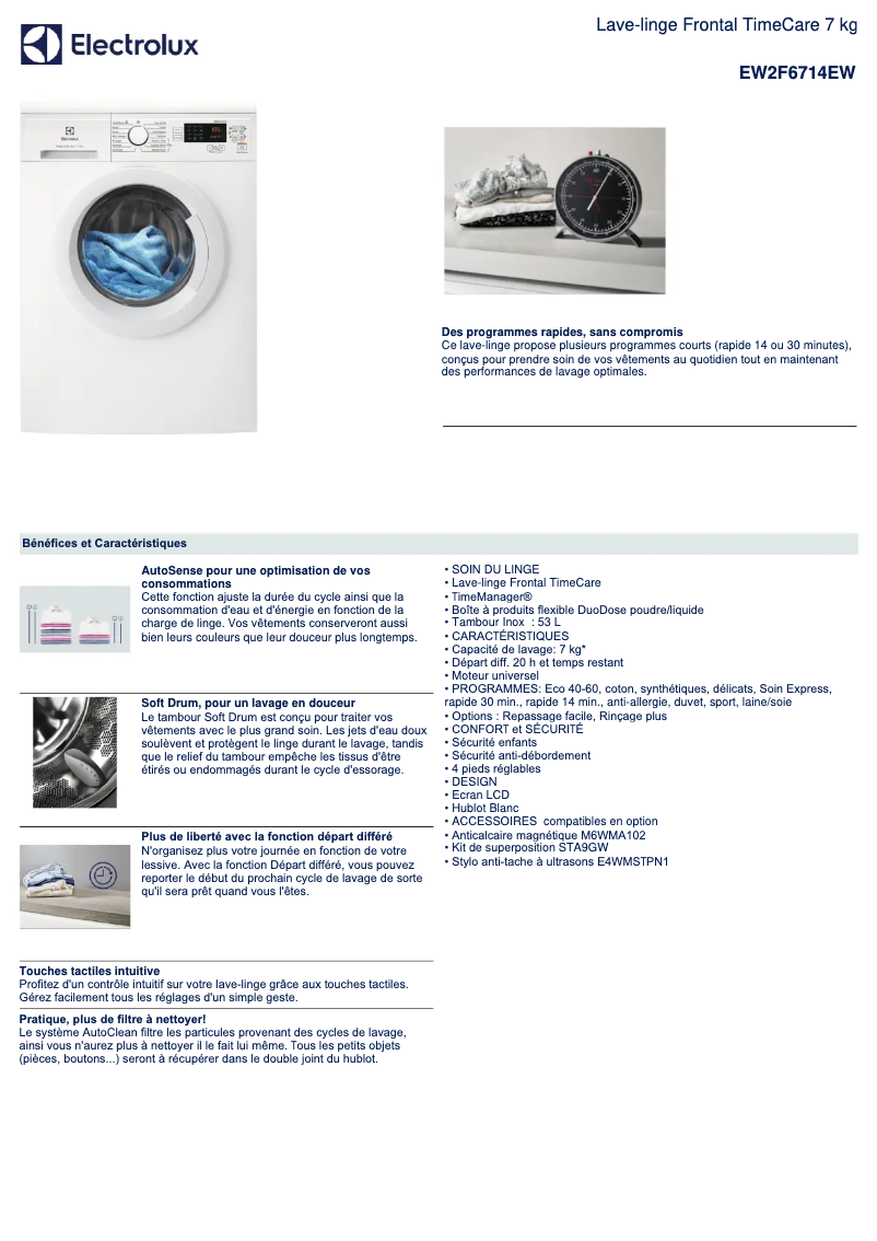 Page 1 de la notice Fiche technique Electrolux EW2F6714EW
