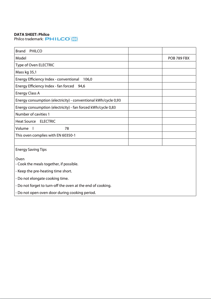Page 1 de la notice Fiche technique Philco POB 789 FBX