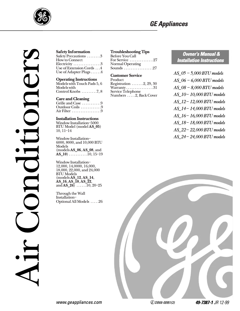 Page 1 de la notice Manuel d'utilisation et d'entretien GE ASV14AA