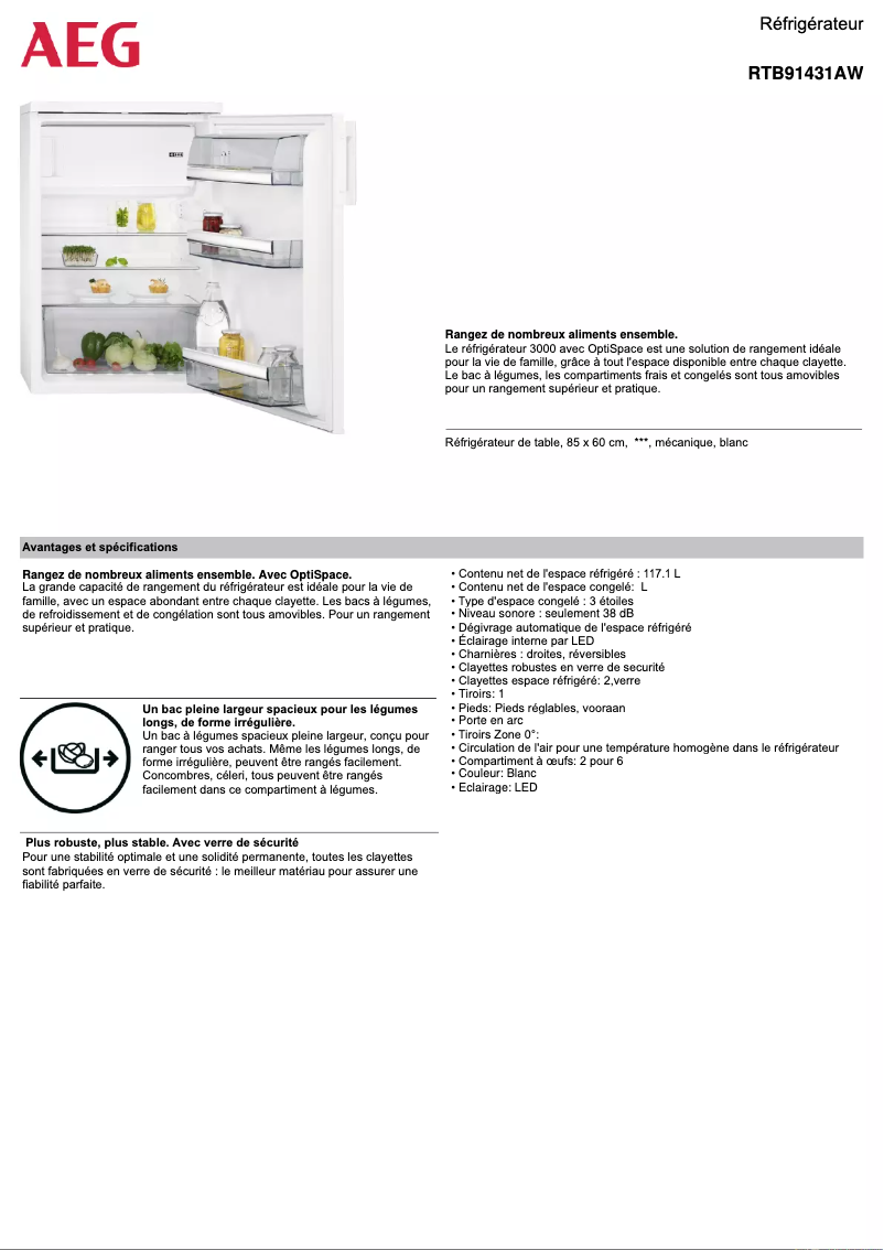 Page 1 de la notice Fiche technique AEG RTB91431AW