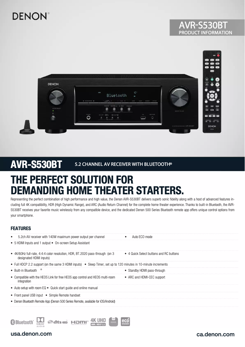 Page 1 de la notice Fiche technique Denon AVR-S530BT