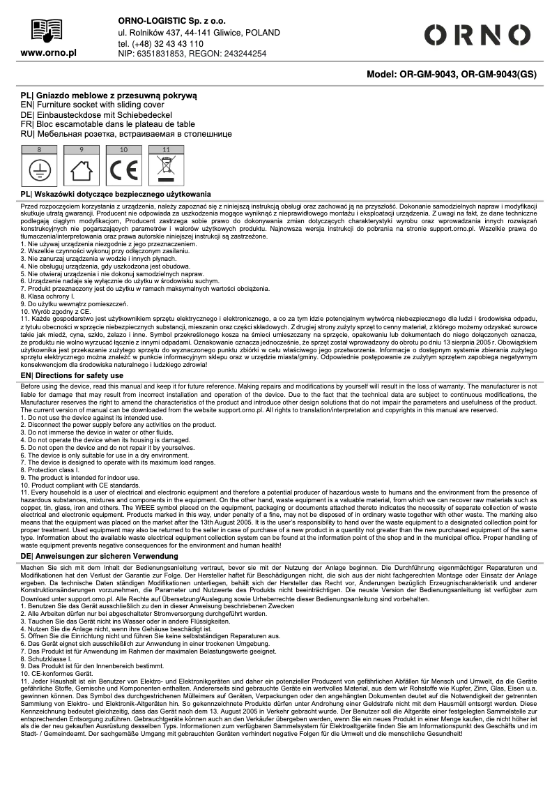 Page 1 de la notice Manuel utilisateur ORNO OR-GM-9043