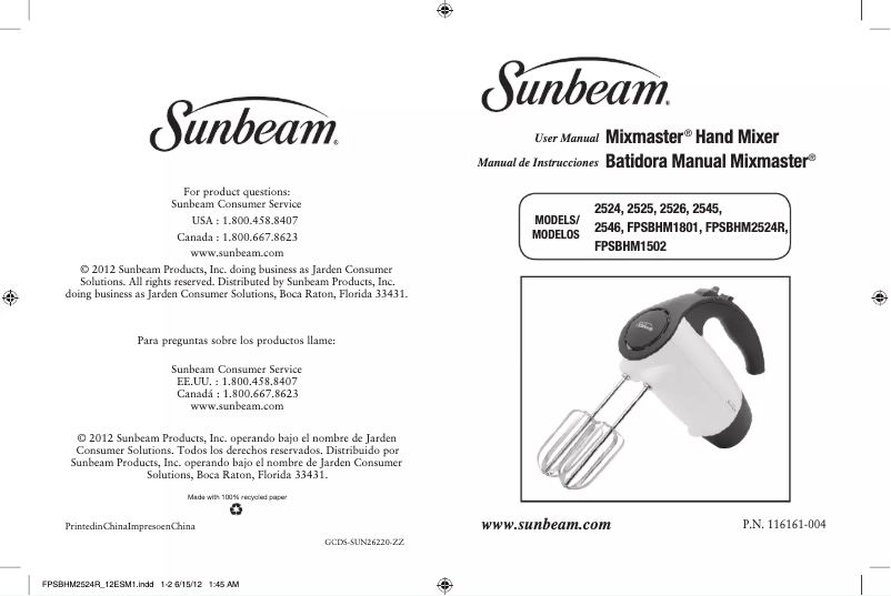 Page 1 de la notice Manuel utilisateur Sunbeam FPSBHM2524R