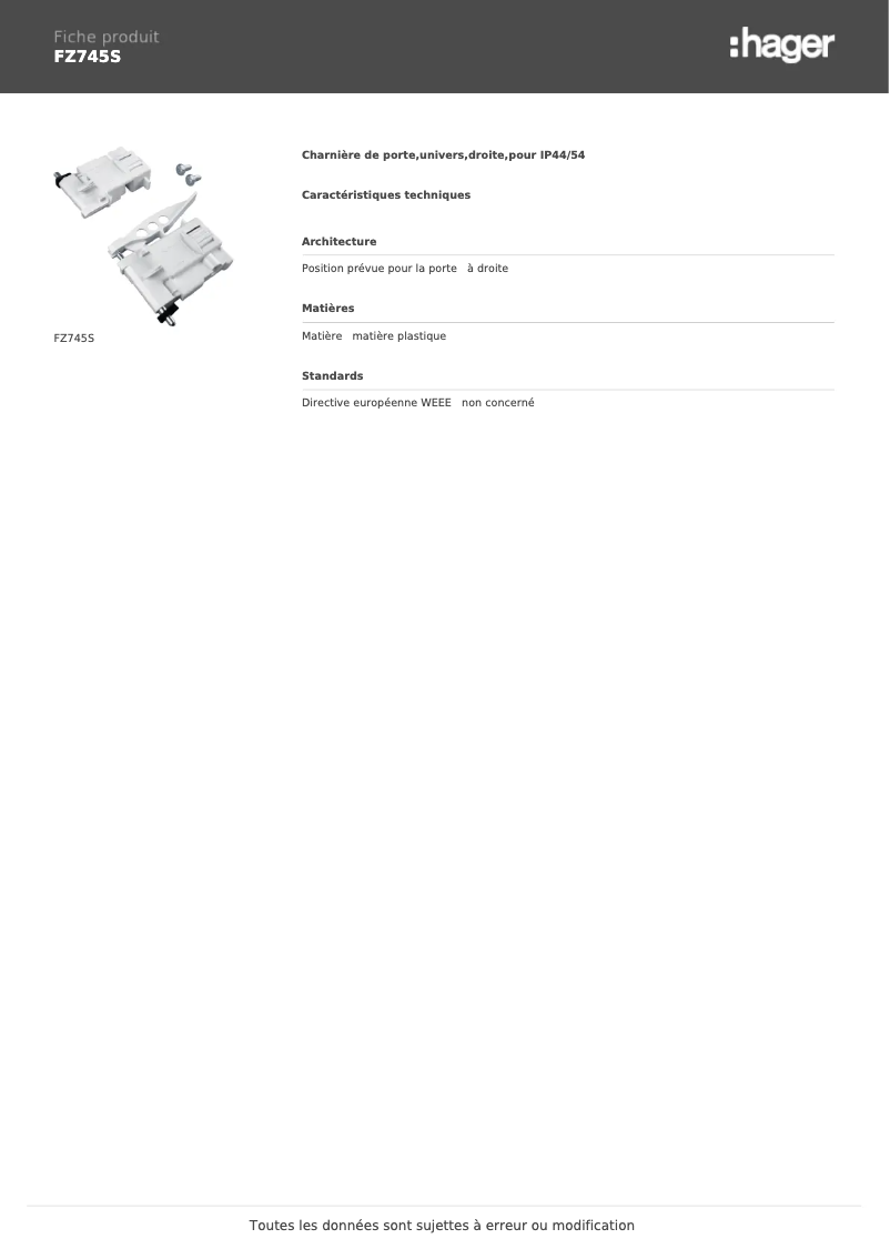 Page n°1 - Manuel utilisateur Hager FZ745S