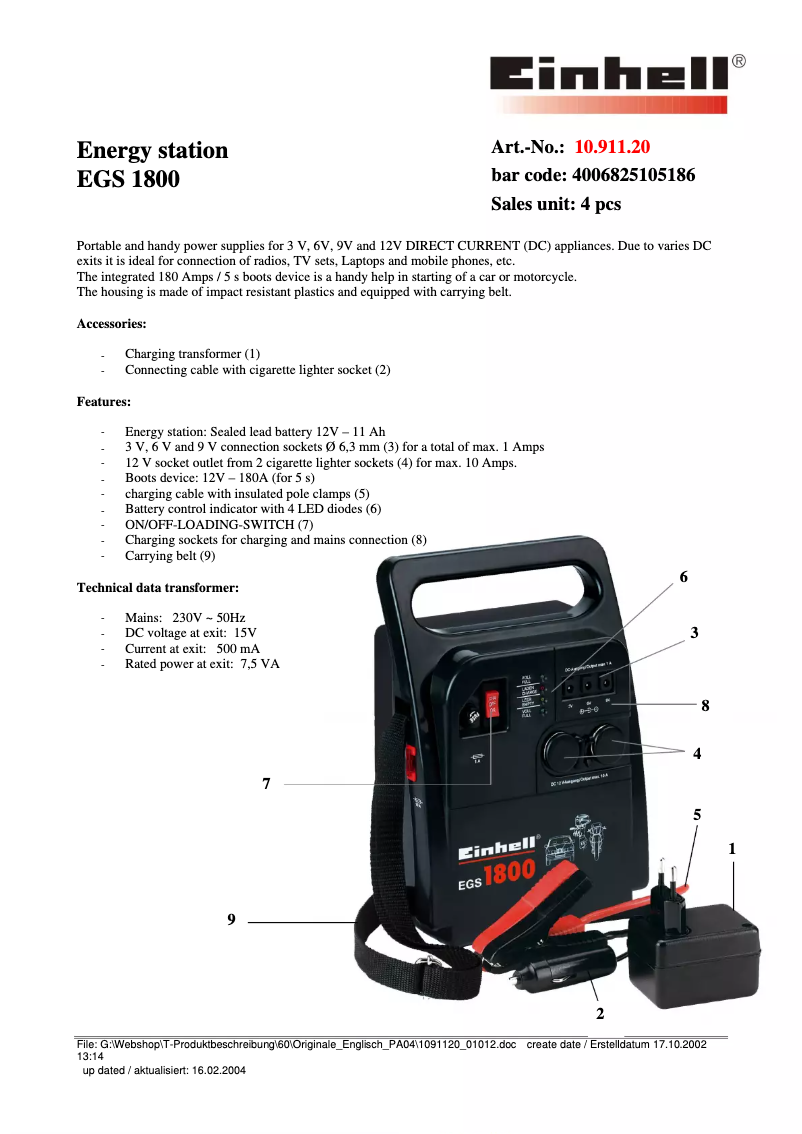 Page 1 de la notice Fiche technique Einhell EGS 1800