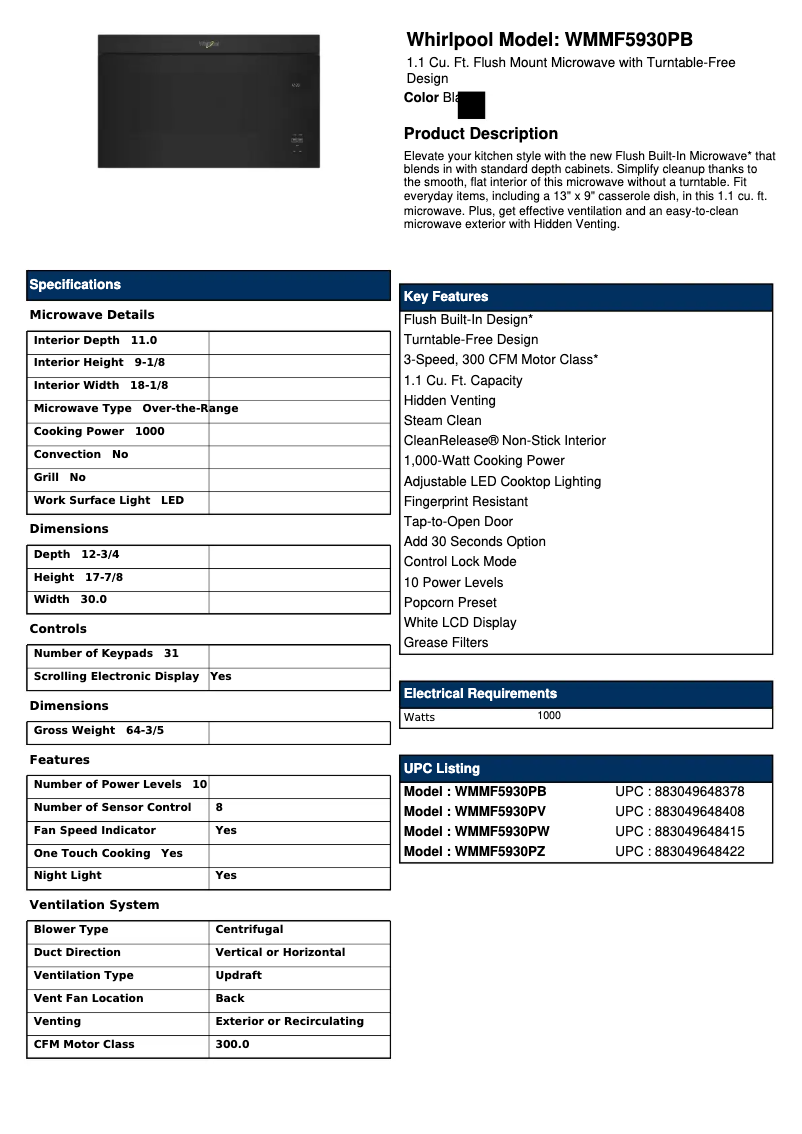 Page 1 de la notice Fiche technique Whirlpool WMMF5930PW