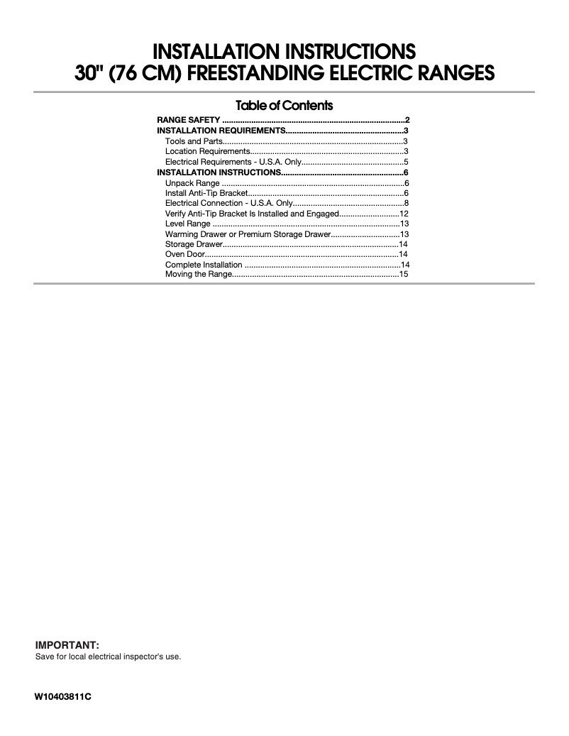 Page n°1 - Guide d'installation Amana AER6603SFW