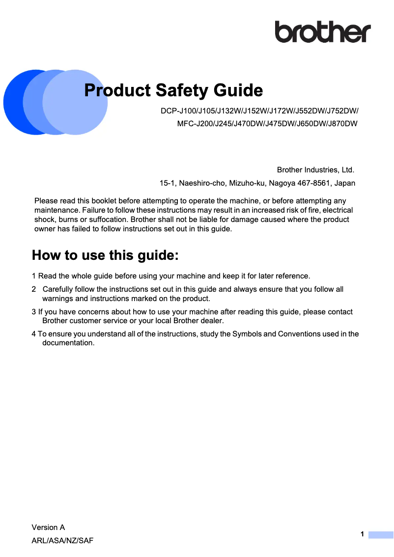 Page n°1 - Instructions de sécurité Brother DCP-J752DW