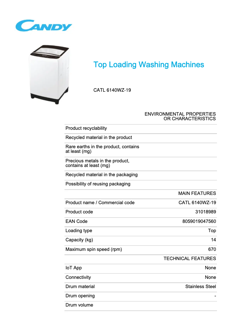Page 1 de la notice Fiche technique Candy CATL 6140WZ-19