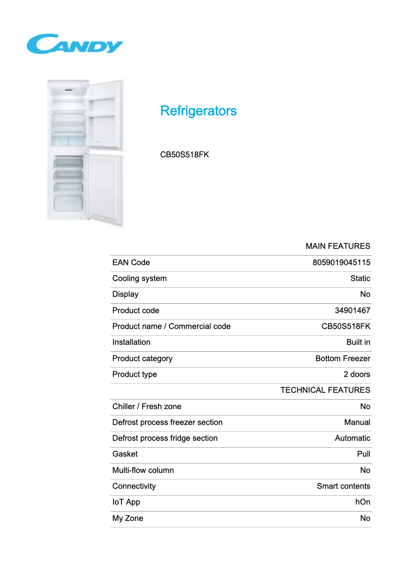 Page 1 de la notice Fiche technique Candy CB50S518FK
