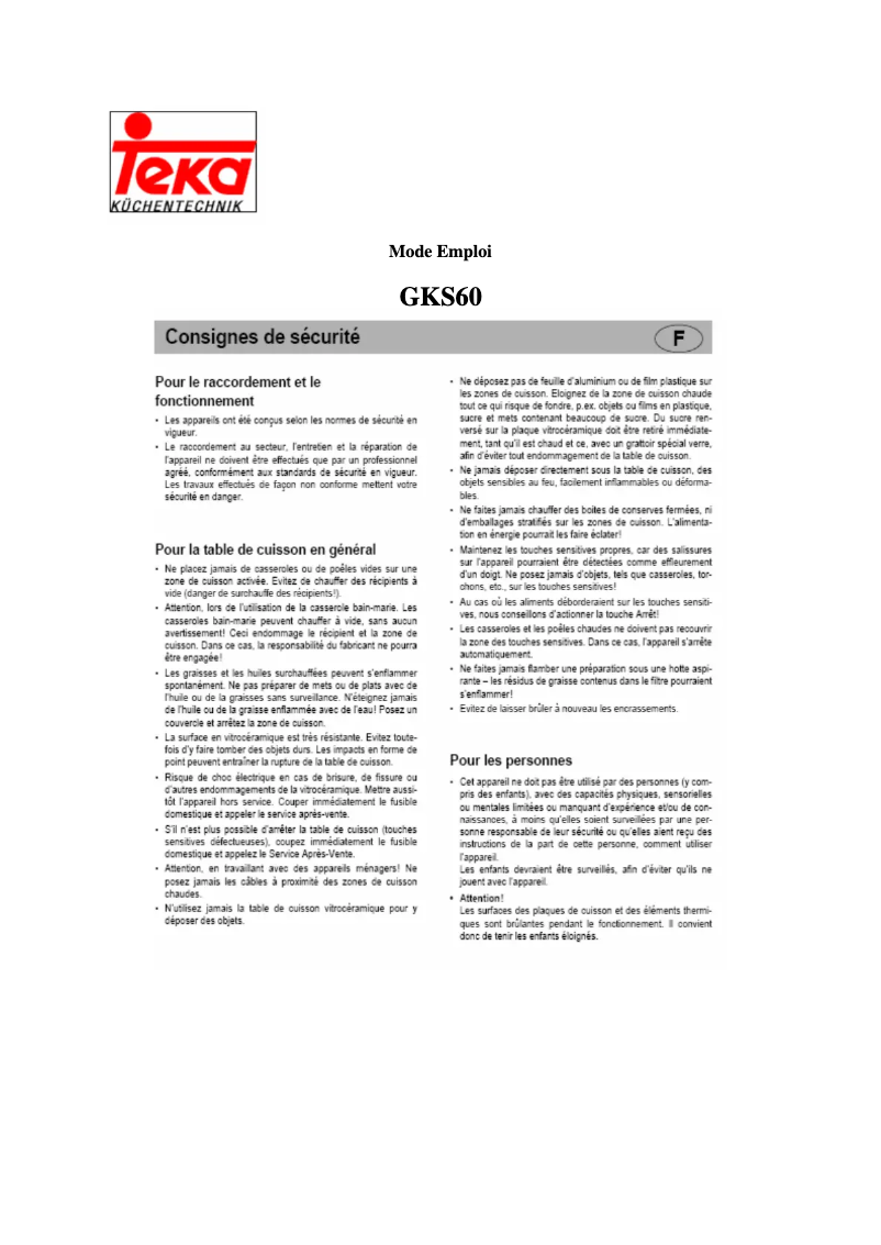 Page n°1 - Manuel utilisateur Teka GKS 60