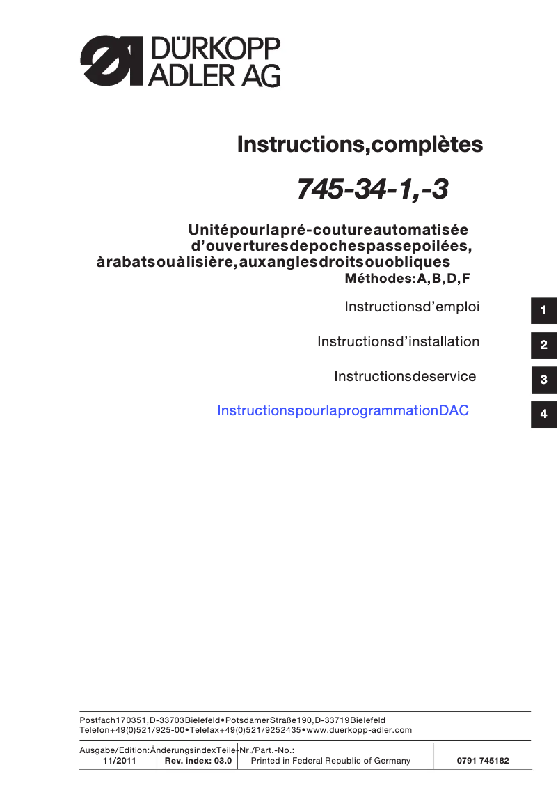 Page 1 de la notice Guide d'installation Dürkopp Adler 745