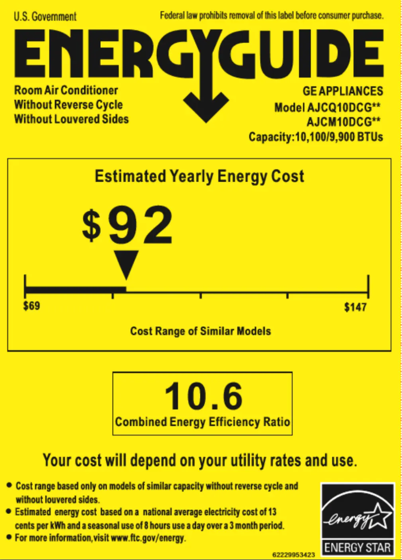 Page 1 de la notice Label énergétique GE AJCM10DCG
