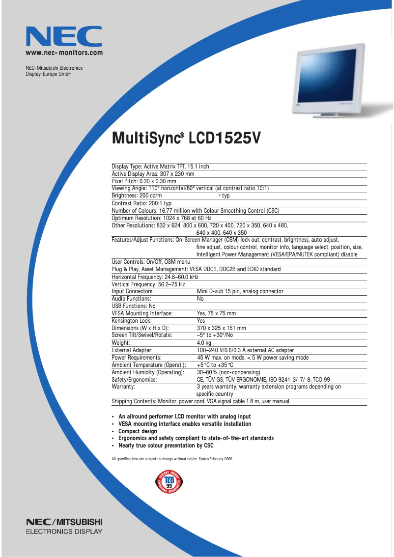Image de la première page du manuel de l'appareil MultiSync LCD1525V