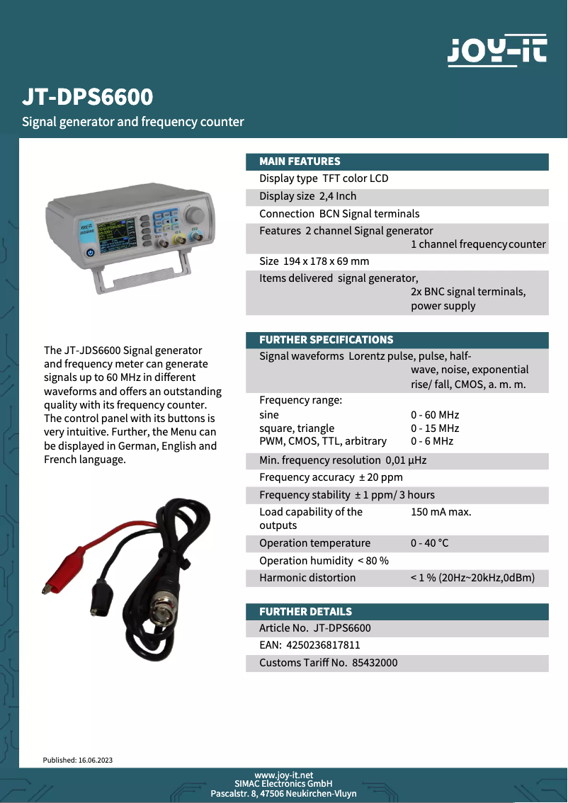 Página 1 del manual Ficha técnica Joy-It JDS6600-Lite