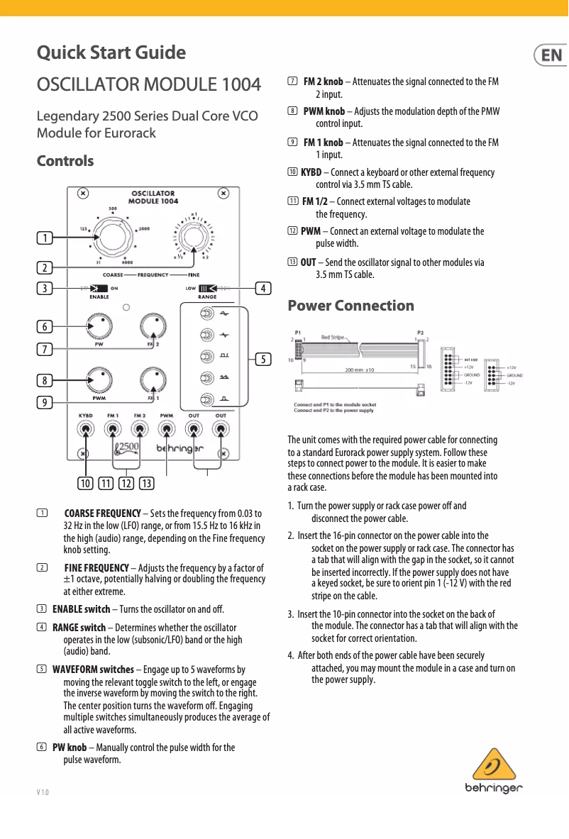 Page n°1 - Manuel utilisateur Behringer Oscillator Module 1004