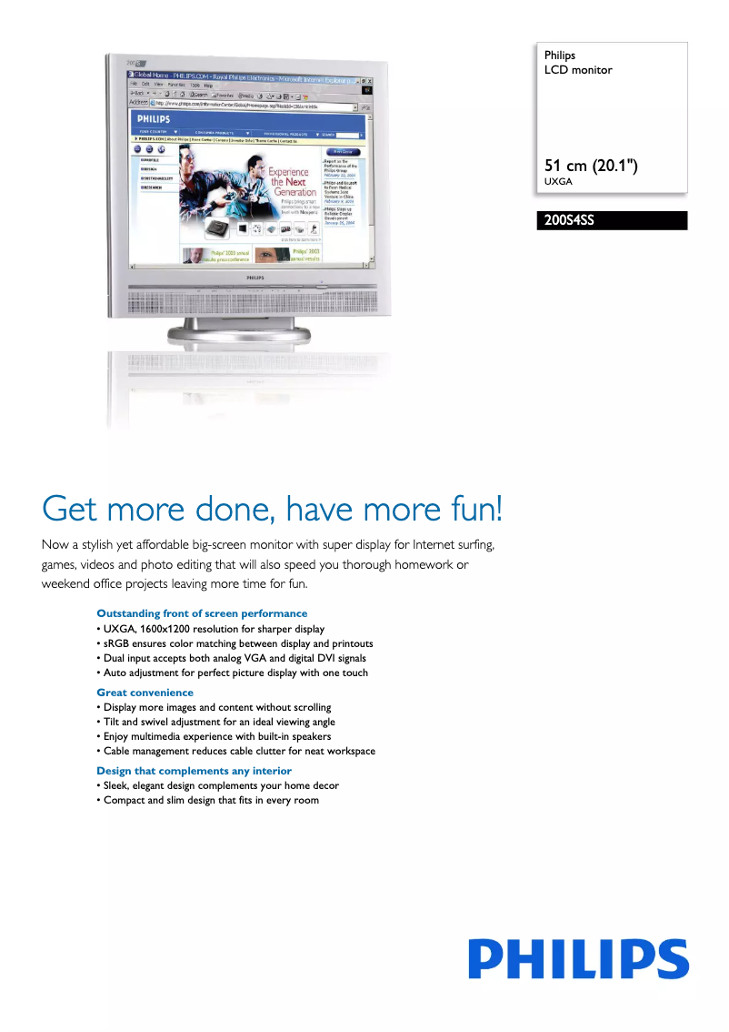 Page 1 de la notice Fiche technique Philips 200S4SS