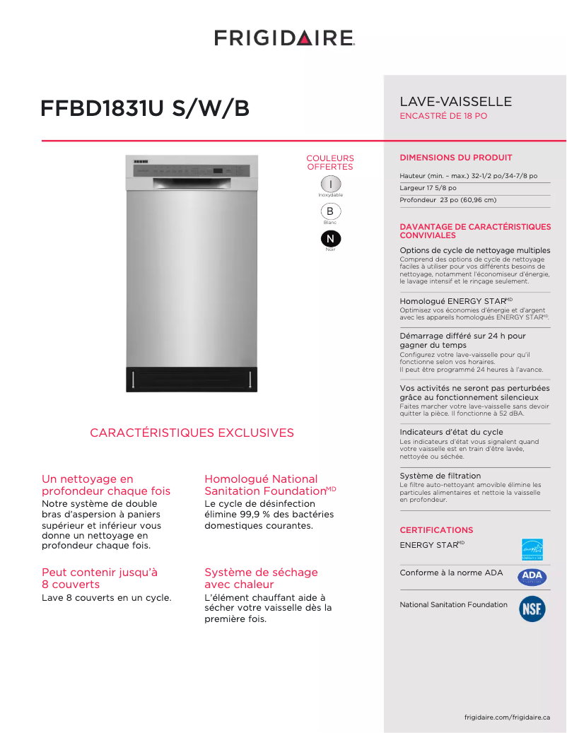Page 1 de la notice Fiche technique Frigidaire FFBD1831US