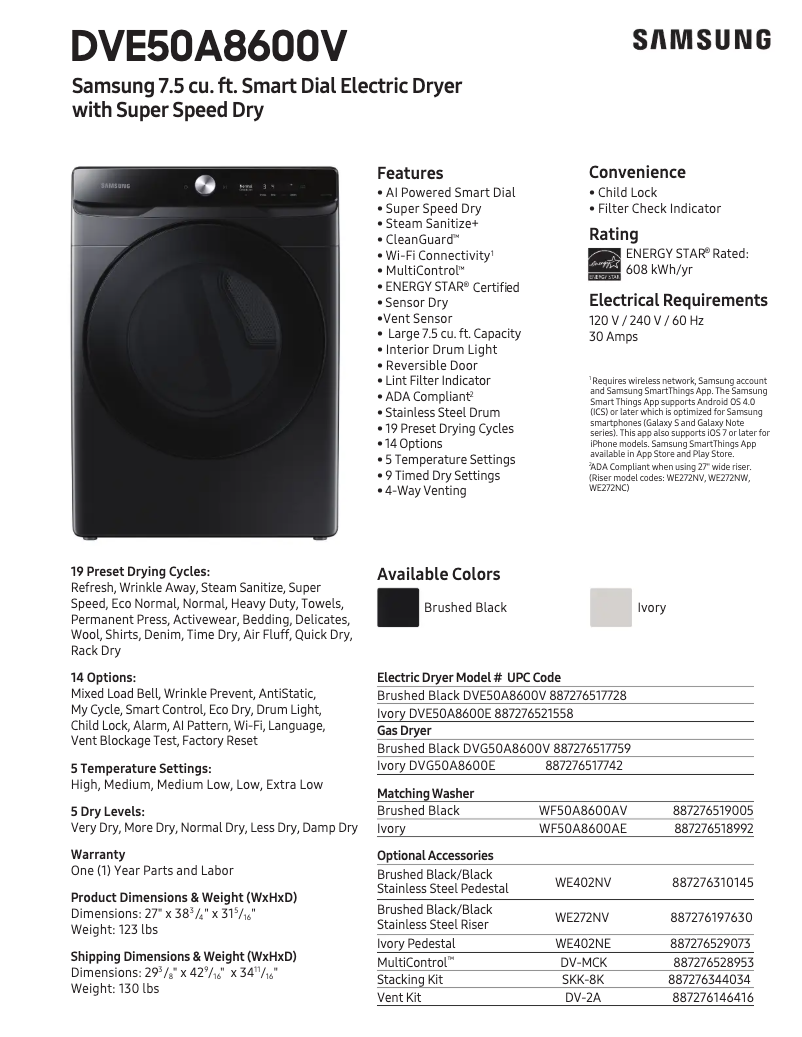 Page n°1 - Fiche technique Samsung DVE50A8600E