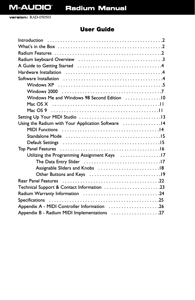 Page n°1 - Manuel utilisateur M-Audio Radium 49