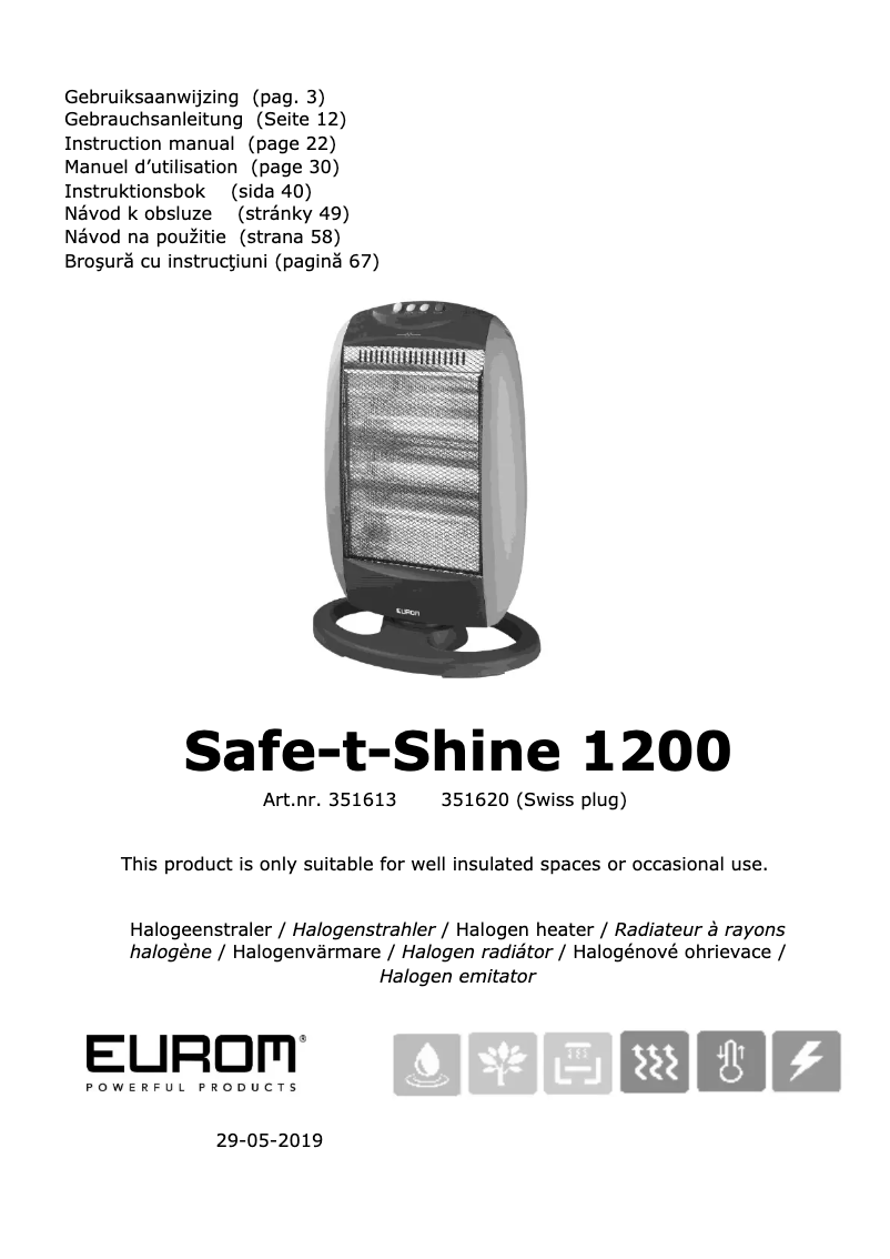 Page 1 de la notice Manuel utilisateur Eurom Safe-t-shine 1200