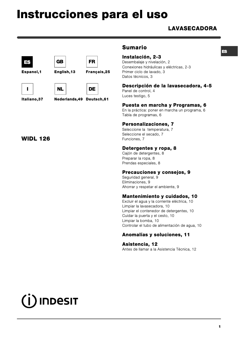 Página 1 del manual Manual de usuario Indesit WISL 105 X