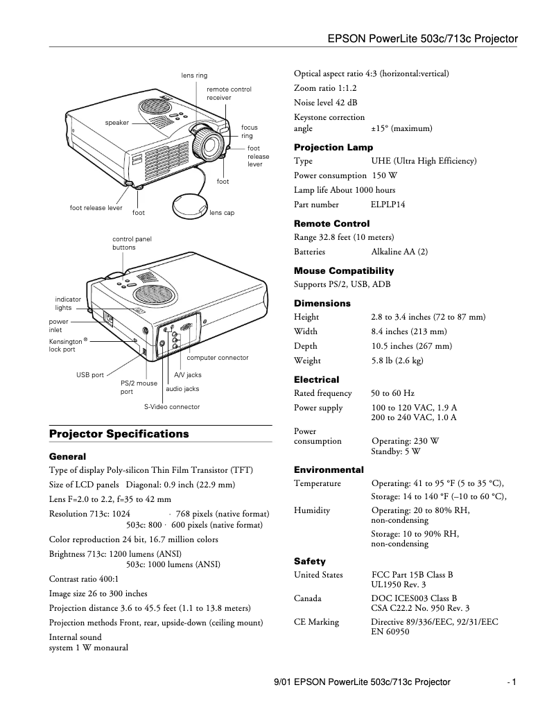 Página 1 del manual Ficha técnica Epson PowerLite 503c