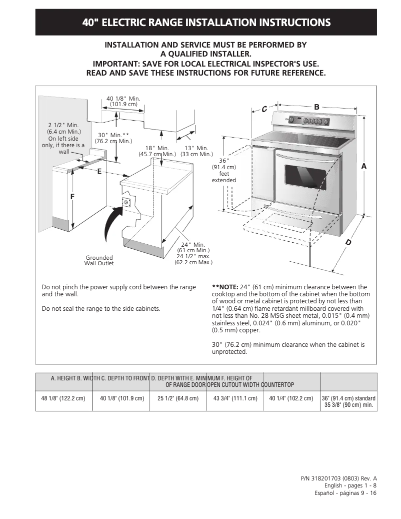 Page n°1 - Guide d'installation Frigidaire PLEF489GC