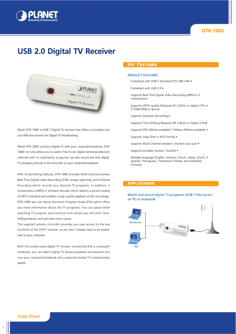 Página 1 del manual Ficha técnica Planet DTR-100D