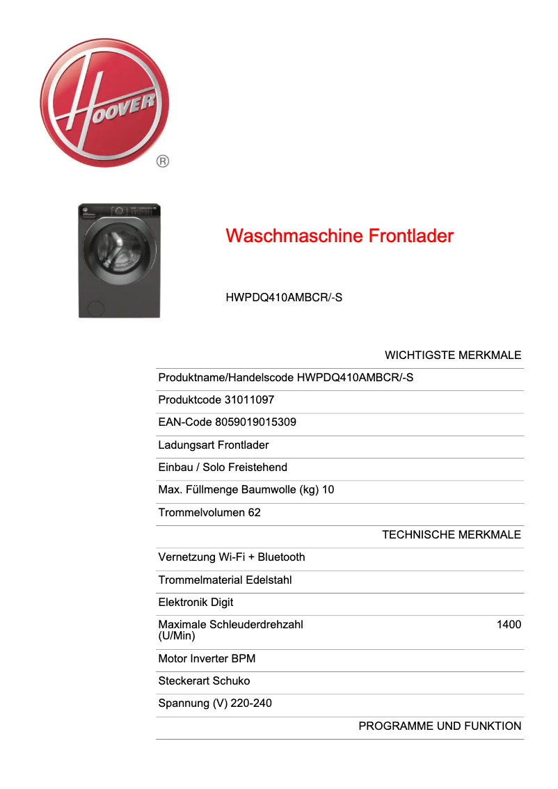 Page 1 de la notice Fiche technique Hoover H-WASH 500 HWP 610AMBC/1-S